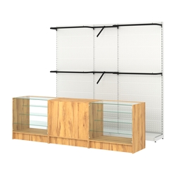 Комплект стеллажей с комбо поручнями и прилавков ЭК-4 для торговли одеждой №11, Дуб Золотистый