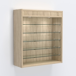 Витрина настенная №201-8Г открытая с пятью узкими полками, подсветкой и зеркалом, Дуб Сонома