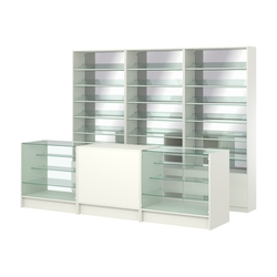 Комплект стеллажей с наклонными стеклянными полками SL-6 №12-2 и прилавков ЭК-04, Белый