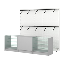 Комплект стеллажей с пристенными поручнями и прилавков ЭК-4 для торговли одеждой №7, Серый