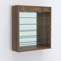 Витрина настенная №201-8Г открытая с пятью узкими полками, подсветкой и зеркалом, Орех