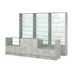 Комплект стеллажей с наклонными стеклянными полками SL-6 №12-1 и прилавков ЭК-03, Метрополитан Грей