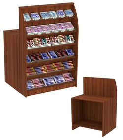 Торговый кассовый прилавок импульсных покупок с высоким фасадным стеллажом Импульс №2-1-900, Орех