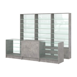 Комплект стеллажей с наклонными стеклянными полками SL-6 №12-1 и прилавков ЭК-04, Бетон Чикаго светло-серый F186 ST9