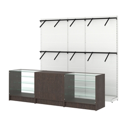 Комплект стеллажей с пристенными поручнями и прилавков ЭК-4 для торговли одеждой №7, Дуб Венге