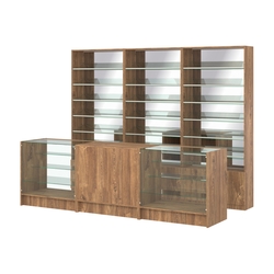 Комплект стеллажей с наклонными стеклянными полками SL-6 №12-2 и прилавков ЭК-04, Дуб Канзас коричневый