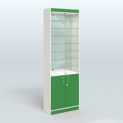 Витрина из ДСП с дверками и узкими полками для аптеки №6-300-3, Белый + Зеленый Оксид 9561 BS