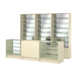 Комплект стеллажей с наклонными стеклянными полками SL-6 №12-2 и прилавков ЭК-04, Крем Вайс