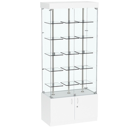 Стеклянная торговая витрина широкая с верхней подсветкой и маленькими прозрачными полками Фрактал №1-1, Белый