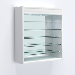 Витрина настенная №201-8Г открытая с пятью узкими полками, подсветкой и зеркалом, Белый