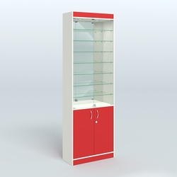 Витрина из ДСП с дверками и узкими полками для аптеки №6-300-3, Белый + Красный