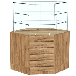 Торговый прилавок угловой со стеклянными шторками и фасадными панелями №15Э-02, Дуб канзас коричневый Н1113 ST10