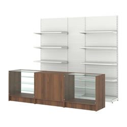 Комплект металлических стеллажей с полками и перфорацией и прилавков ЭК-4, Орех