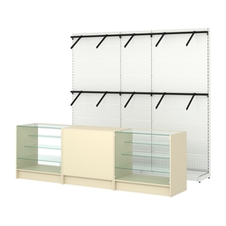 Комплект стеллажей с пристенными поручнями и прилавков ЭК-4 для торговли одеждой №7, Крем Вайс