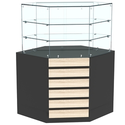 Торговый прилавок угловой со стеклянными шторками и фасадными панелями №15Э-02, Черный + Дуб Сонома