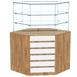 Торговый прилавок угловой со стеклянными шторками и фасадными панелями №15Э-02, Дуб Канзас коричневый + Белый