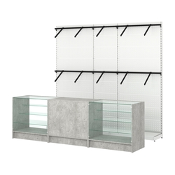 Комплект стеллажей с пристенными поручнями и прилавков ЭК-4 для торговли одеждой №7, Метрополитан Грей