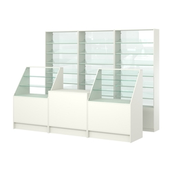 Комплект стеллажей с наклонными стеклянными полками SL-6 №12-1 и прилавков ЭК-07, Белый