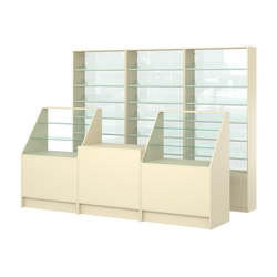 Комплект стеллажей с наклонными стеклянными полками SL-6 №12-1 и прилавков ЭК-07, Крем Вайс