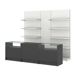 Комплект металлических стеллажей с полками и перфорацией и прилавков ЭК-2, Черный