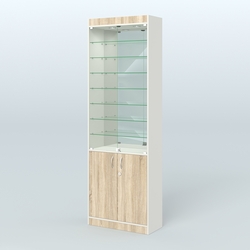 Витрина из ДСП с дверками и узкими полками для аптеки №6-300-3, Белый + Дуб Сонома