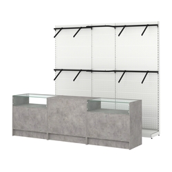 Комплект стеллажей с поручнями П-П и прилавков ЭК-2 для торговли одеждой №13, Бетон Чикаго светло-серый F186 ST9