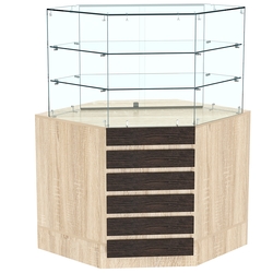 Торговый прилавок угловой со стеклянными шторками и фасадными панелями №15Э-02, Дуб Сонома + Дуб Венге