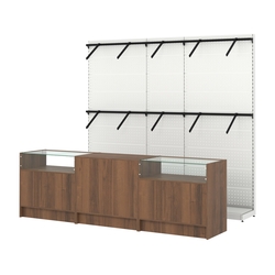 Комплект стеллажей с пристенными поручнями и прилавков ЭК-2 для торговли одеждой №5, Орех