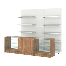 Комплект металлических стеллажей с полками и перфорацией и прилавков ЭК-4, Дуб Канзас коричневый