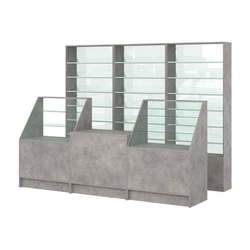 Комплект стеллажей с наклонными стеклянными полками SL-6 №12-1 и прилавков ЭК-07, Бетон Чикаго светло-серый F186 ST9