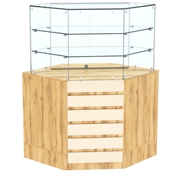 Торговый прилавок угловой со стеклянными шторками и фасадными панелями №15Э-02, Дуб Золотистый и Крем Вайс