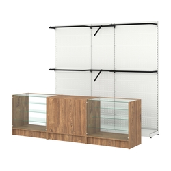 Комплект стеллажей с комбо поручнями и прилавков ЭК-4 для торговли одеждой №11, Дуб Канзас коричневый