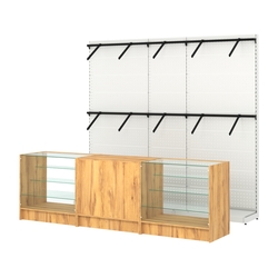 Комплект стеллажей с пристенными поручнями и прилавков ЭК-4 для торговли одеждой №7, Дуб Золотистый