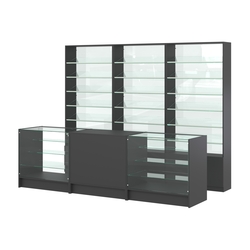 Комплект стеллажей с наклонными стеклянными полками SL-6 №12-1 и прилавков ЭК-04, Черный