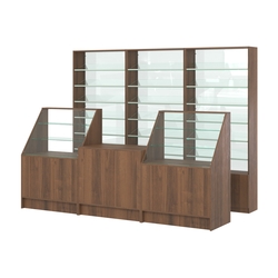 Комплект стеллажей с наклонными стеклянными полками SL-6 №12-1 и прилавков ЭК-07, Орех