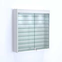 Витрина настенная №204-7А с фризом и девятью стеклянными полками, Белый