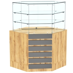 Торговый прилавок угловой со стеклянными шторками и фасадными панелями №15Э-02, Дуб Золотистый и Темно-Серый