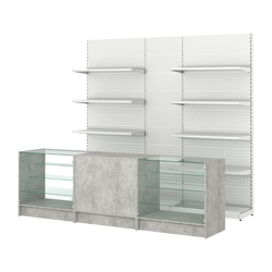 Комплект металлических стеллажей с полками и перфорацией и прилавков ЭК-4, Метрополитан Грей