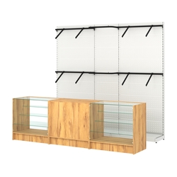 Комплект стеллажей с поручнями П-П и прилавков ЭК-4 для торговли одеждой №15, Дуб Золотистый