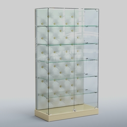 Низкая стеклянная витрина с КРЕМОВЫМ БАРХАТОМ ХП-505 (карета золото), Крем вайс + Экокожа белая