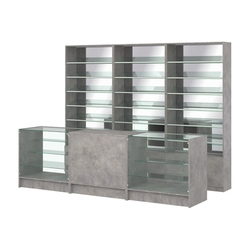 Комплект стеллажей с наклонными стеклянными полками SL-6 №12-2 и прилавков ЭК-04, Бетон Чикаго светло-серый F186 ST9