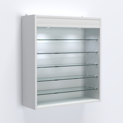 Витрина настенная №201-8Г открытая с пятью узкими полками, подсветкой и зеркалом, Белый