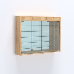 Витрина настенная №203-8А широкая с подсветкой, стеклянными полками и зеркалом, Дуб Золотистый