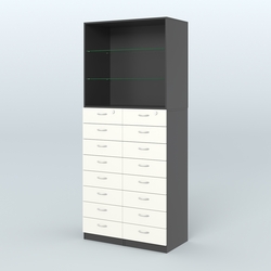 Шкаф для аптек с 16-ю ящиками и двумя стеклянными полками №7-1-С, Черный + Белый