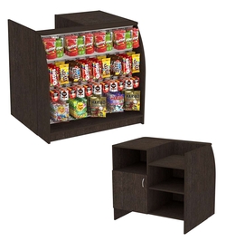 Торговый кассовый прилавок с фасадной экономпанелью для импульсных покупок Импульс №1-4-900, Дуб Венге