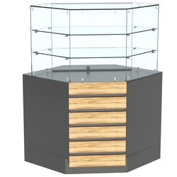 Торговый прилавок угловой со стеклянными шторками и фасадными панелями №15Э-02, Темно-серый и Дуб Золотистый