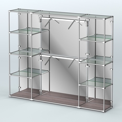 Торговая система ХРОМ (задняя стенка - зеркало) 2430 мм с прозрачными полками и поручнями №7, Ясень Анкор темный