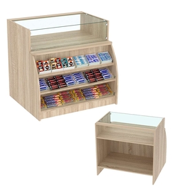 Торговый кассовый прилавок импульсных покупок со стеклянным верхом Импульс №3-1-900, Дуб сонома