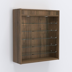 Витрина настенная №201-8Г открытая с пятью узкими полками, подсветкой и зеркалом, Орех