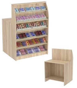 Торговый кассовый прилавок импульсных покупок с высоким фасадным стеллажом Импульс №2-1-900, Дуб сонома